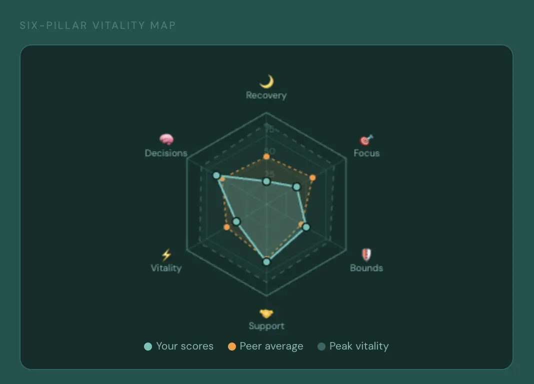 Six-pillar vitality map from the Performance Reset Diagnostic